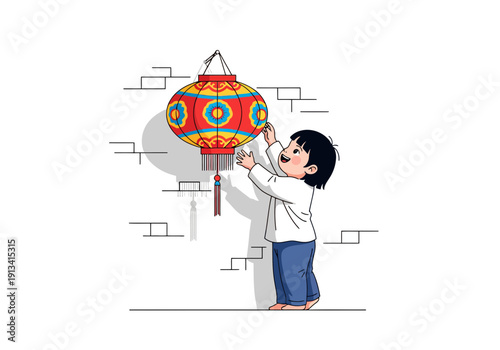 A cheerful Asian child happily hanging a vibrant traditional Chinese lantern on a wall with a joyful expression in a colorful flat cartoon style for festive celebrations
