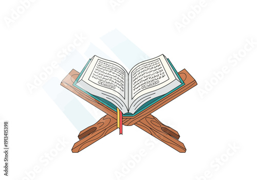 An open Quran book on a wooden Quran stand, Islamic holy book, realistic digital art, religious object, reading and study context, Muslim faith symbol