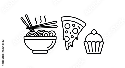 Delicious Assortment of Asian Noodles Pizza Slice and Cupcake Outline.