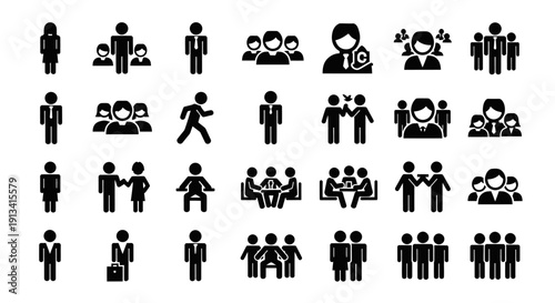 Diverse collection of black silhouette people icons representing various social interactions and groups.