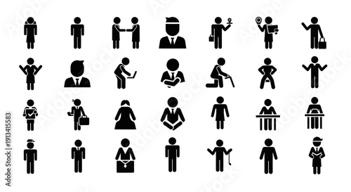 Diverse collection of human silhouette icons representing various professions and activities.