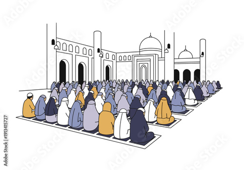 Muslim congregation praying in unison, traditional attire, minimalist line art style, outside mosque, Islamic architecture, serene and peaceful atmosphere, community gathering, faith and spi