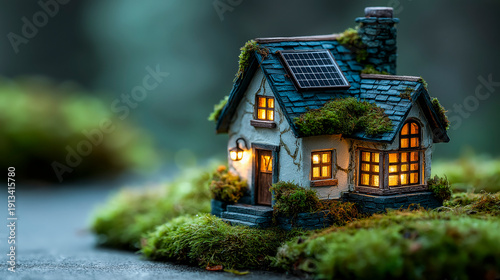 Sustainable Miniature House with Solar Panel on Moss and Copy Space