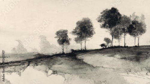 Monochrome landscape painting with trees on a hill