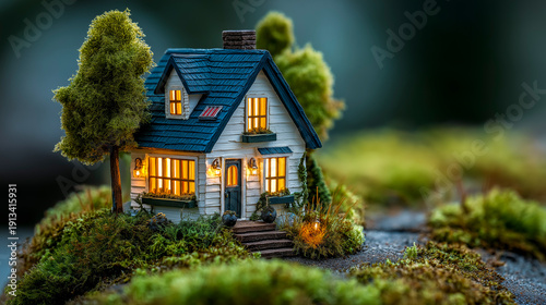Eco Friendly Miniature House with Solar Panel in Moss Landscape – Sustainable Living Concept