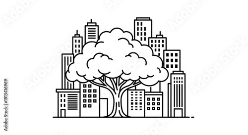 Tree in front of city buildings.