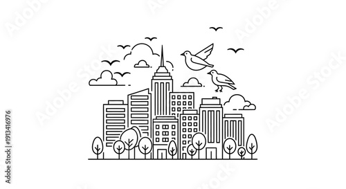 City Skyline with Buildings and Birds.