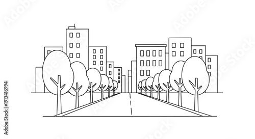 City Street with Buildings and Trees.