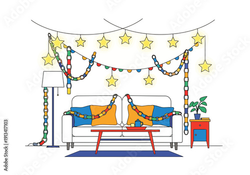 A colorful cartoon living room with a white couch, yellow and blue pillows, string lights, and stars hanging from the ceiling, decorated for a festive party celebration at home with a lamp, 