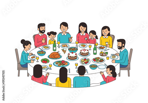 A diverse family and friends gathered around a round table enjoying a festive meal together in a colorful cartoon style on a white background for Thanksgiving or Christmas dinner celebration