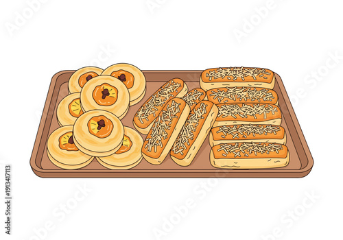 A vibrant, colorful, whimsical digital illustration of a wooden tray filled with freshly baked, assorted pastries, including danishes and topped hot dogs, on a clean white background