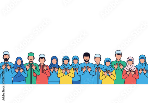 Diverse group of medical professionals in colorful scrubs and headscarves standing together in unity and solidarity, flat design style, healthcare context, people helping others concept
