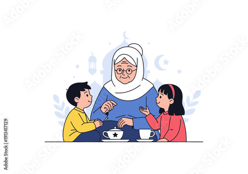 A smiling elderly woman wearing a hijab and glasses sits at a table with a boy and girl enjoying a meal together in a cheerful cartoon style, conveying warmth and togetherness in a domestic 