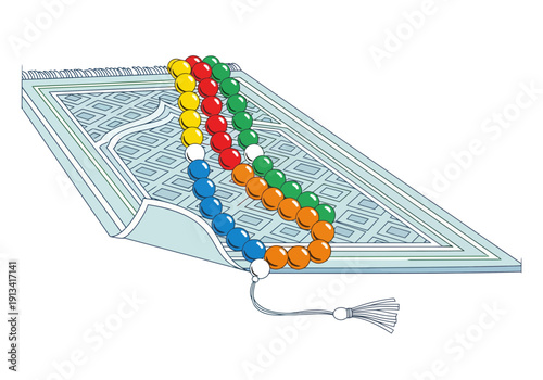 Vibrant colorful prayer beads resting on an open book with intricate designs, symbolizing spirituality and meditation in a serene setting with a tassel