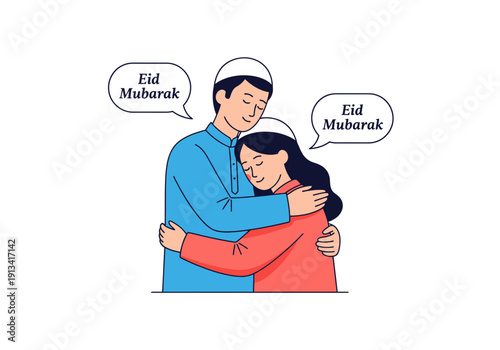 Eid Mubarak Celebration, Muslim Man and Woman Hug Each Other, Traditional Clothing, Greeting, Joyful Emotions, Festive Atmosphere, Cultural Holiday, Greeting Card, Muslim Couple Embrace
