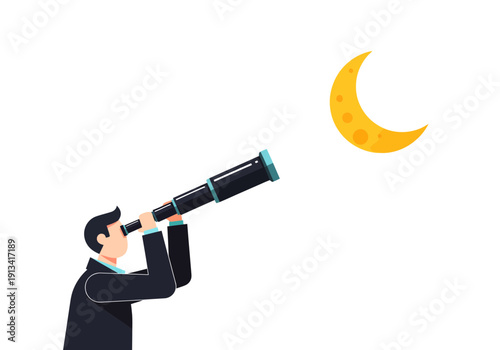 Man looking through telescope at crescent moon in night sky with curiosity and wonder in a minimalist flat design style