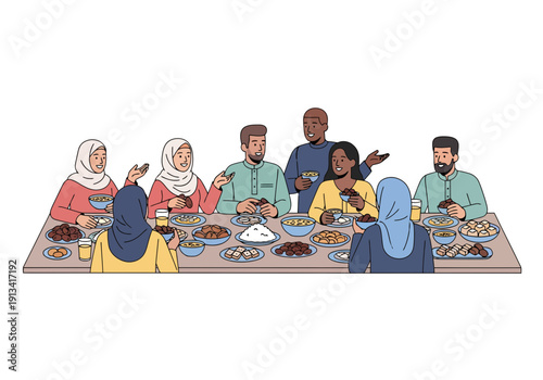 Diverse group of people from different ethnicities and cultures eating together at a long table in a modern flat illustration style, symbolizing unity and togetherness during a meal, with a 