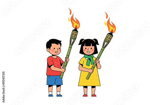Two happy children holding Olympic torches, cartoon style, smiling, youthful energy, sporting event, kids, flame, excitement, innocence, playfulness, sportsmanship