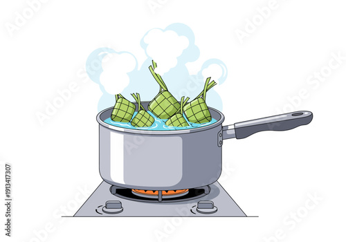Steaming green dumplings or zongzi in a pot on a stove, traditional Asian food, cooking process, cartoon style, culinary art, homemade meal