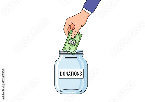 A hand putting a green dollar bill into a transparent glass donations jar with a slot on top, flat design, simple line art, financial charity concept, donation and fundraising.