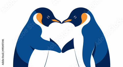 Two penguins forming a heart shape with their bodies in a minimalist, stylized, vector illustration style, conveying love and affection in a cute and playful context, perfect for Valentine's