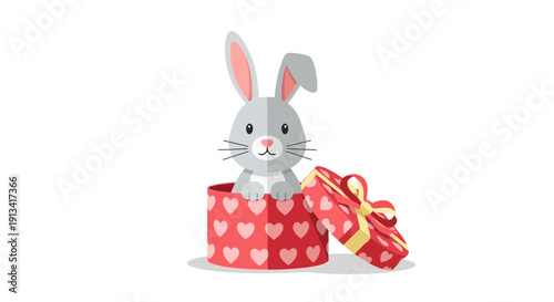 A cute gray cartoon rabbit peeking out of a red cylindrical gift box with white hearts, surrounded by a ribbon, in a whimsical and playful artistic style for Easter or Valentine's Day celebr
