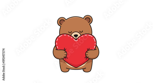 Cute brown teddy bear holding big red heart in front of face, adorable cartoon character, Valentine's Day theme, minimalist flat design, sweet love concept with animal and heart symbol
