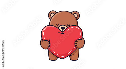 Cute brown cartoon teddy bear holding big red heart with one eye closed in love and affection kawaii style on white background for Valentine's Day or love concept