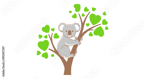 A cute cartoon koala bear sitting on a tree branch surrounded by green heart-shaped leaves on a white background in a playful digital art style for Valentine's Day or wildlife conservation t