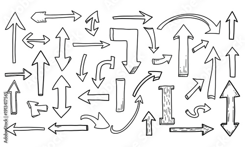 A collection of various black arrows silhouette on white background for direction and navigation purposes