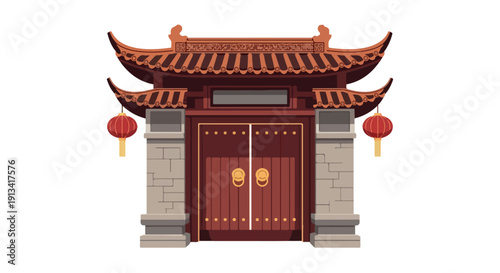 Illustration of a traditional Chinese gate with red doors and lanterns on a white background.