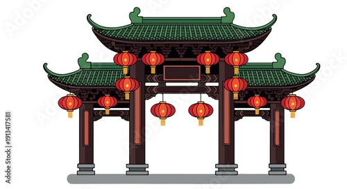 Illustration of a traditional Chinese gate with green roof and red lanterns on a white background