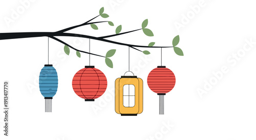 Colorful paper lanterns hanging from a tree branch with green leaves on a white background.