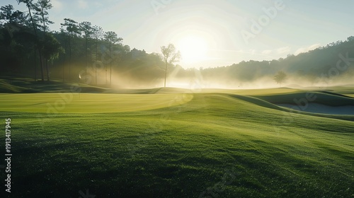 Golden Sunrise over a Misty Green Golf Course Landscape with Early Morning Fog