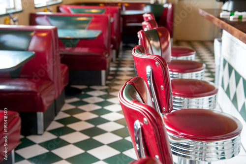 USA, New Mexico, Milan.  Classic American diner interior on Route 66.