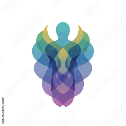 Colorful abstract vector illustration of a person in a yoga lotus position silhouette featuring a 3d heart shape and floral pattern elements on a vibrant circle background design