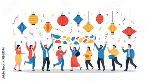 Flat illustration of a diverse group of people celebrating with colorful lanterns and confetti on a white background.