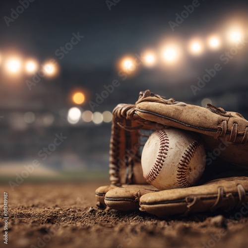 Closeup of a baseball resting in a glove during a little league game on a sunny day at the local sports field