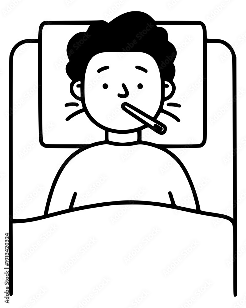 Obraz premium Sick boy bed thermometer illness cartoon
