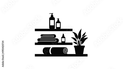 Vector illustration of bathroom shelves with towels, soap dispensers, and potted plant icon on a transparent background