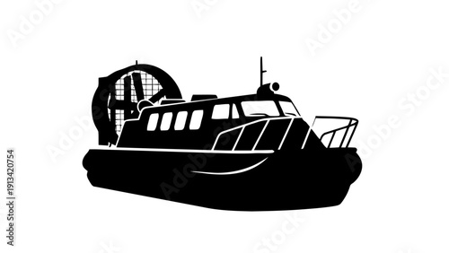 Vector illustration of silhouette of a hovercraft or aircushion vehicle with large rear propeller on a transparent background