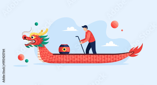 A vibrant illustration of a man participating in a traditional dragon boat race