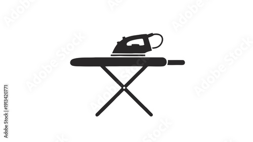 Vector illustration of black and white icon of a steam iron resting on an ironing board, simple graphic design, on a transparent background