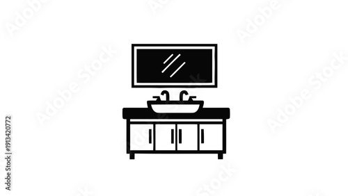 Vector illustration of minimalist black and white icon representing a modern bathroom vanity with a double sink and a rectangular mirror on a transparent background