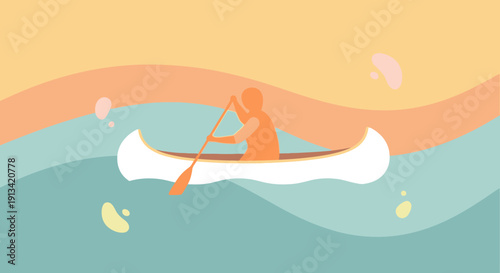 Serene outdoor adventure lone figure paddling a canoe on peaceful waters