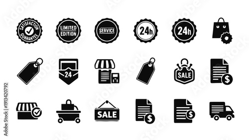 Vector illustration of set of black and white ecommerce and shopping icons sale, guarantee, delivery, tags, and service badges on a transparent background