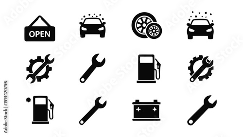 Vector illustration of set of black and white icons for car service, repair, maintenance, and auto workshop tools on a transparent background