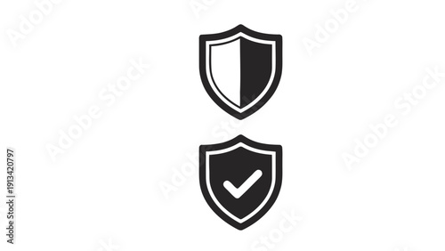 Vector illustration of set of two shield icons, one half black and white, the other with a checkmark, representing security, protection, and verification concepts on a transparent background