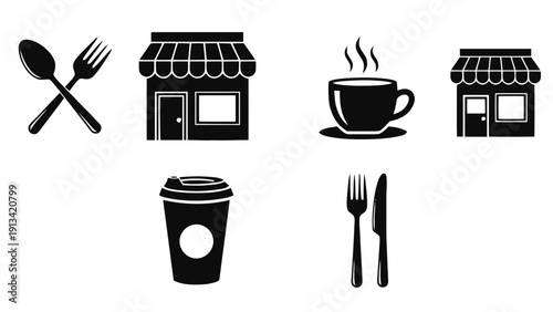 Vector illustration of collection of black and white food and drink icons cutlery, cafe storefronts, coffee cup, and takeaway cup on a transparent background