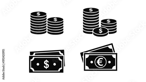 Vector illustration of set of money and currency icons dollar coins, euro banknotes, and stacks of cash symbols for finance and banking concepts on a transparent background